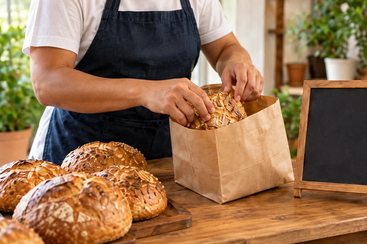 Manos de un emprendedor preparando una bolsa con pan artesanal