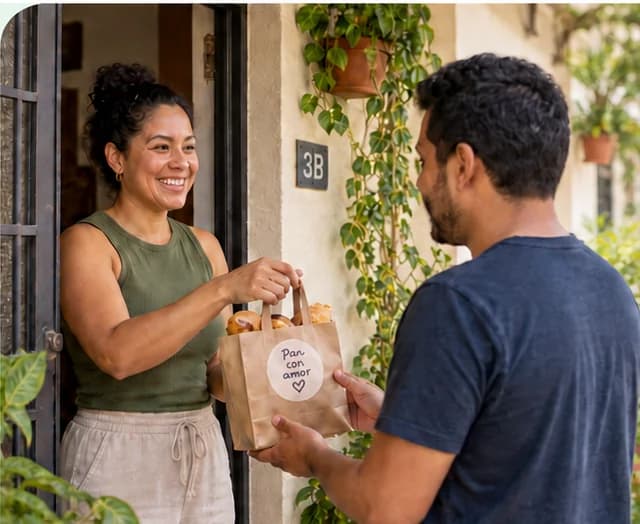 Una vecina entrega una bolsa de pan recién hecho a un vecino en la puerta de su casa